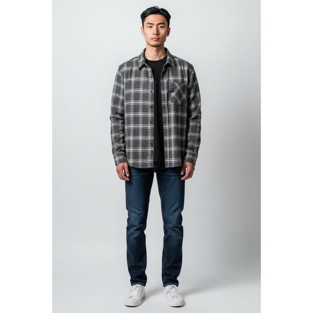 And Now This Men's Brushed Flannel Plaid Shirt, Grey‎ Plaid, NWT, Size L